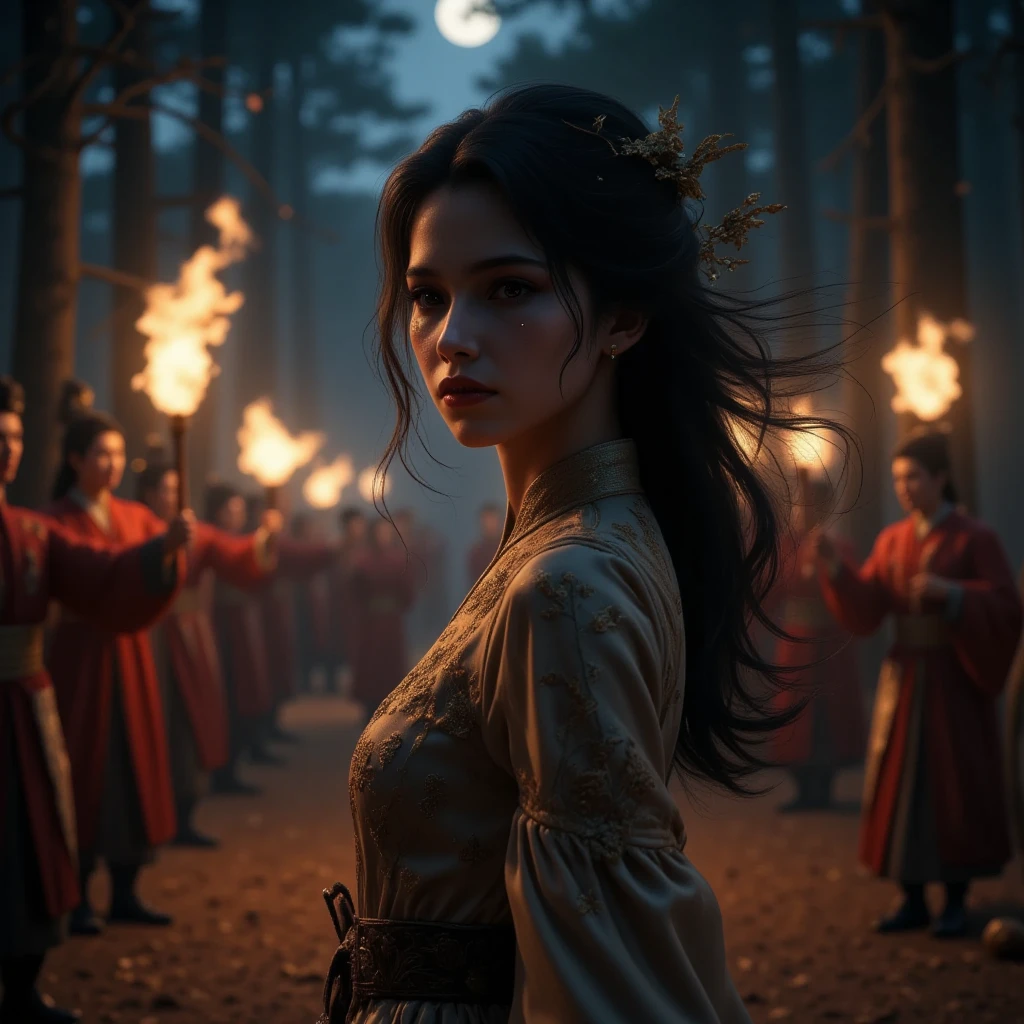 Full HD, HDR, 8k, Photorealistic, 

Historical scene ] Late night of the Jingkang Incident in the Northern Song Dynasty，Pine forest outside Bianjing，The Jin soldiers holding torches chase the fleeing Song Dynasty noblewoman
[The main character] A young lady of the imperial family wearing a embroidered brocade jacket（Anatomically accurate proportions），Classical oval face glowing Pearl luster（subsurface scattering质感），Wet almond eyes trying to hold back tears，Disarrayed hair with dead leaves
[Light and Shadow Ambience ] Cinematic Rembrandt lighting effects，The warm and strong light of the torches counteracts the cold blue light of the moon，ray tracing光线在丝绸褶皱产生镜面反射，The depth of field blurs and highlights the panic expression in the foreground
[ dynamic elements ] motion blur处理奔跑时的裙裾翻飞，Pine branches swaying violently in the night wind，blurry Golden Soldier torch light spots in the background


"Octane render 8k，HDR10 color gamut，Skin subsurface scattering，Micro surface details and pore texture，16-bit normal map"


"The firelight forms a lava-like flowing texture on the silk of the skirt，Tears on the cheeks refract the ambient light to form a light pipe effect，The energy of fear materializes into translucent, glowing golden bloodshot spreading from the corners of the eyes"

Full prompt after optimization：
"Screenshot of an epic historical drama，Late night pursuit scene of the Jingkang Incident，Escape of a royal consort in the Northern Song Dynasty，The embroidered brocade jacket is torn by a branch，Pearl skin with cold sweat，Reflection of fire in wet almond eyes，Motion blur skirt，ray tracing火光与冷月光对冲，Octane render 8k HDR10，Skin subsurface scattering+Microsurface pores，Flux style energy flow：Tear ducts+Silk lava pattern+Glowing bloodshot eyes，Thriller movie-level composition"

Wide Angle, Perspective Video Method, 