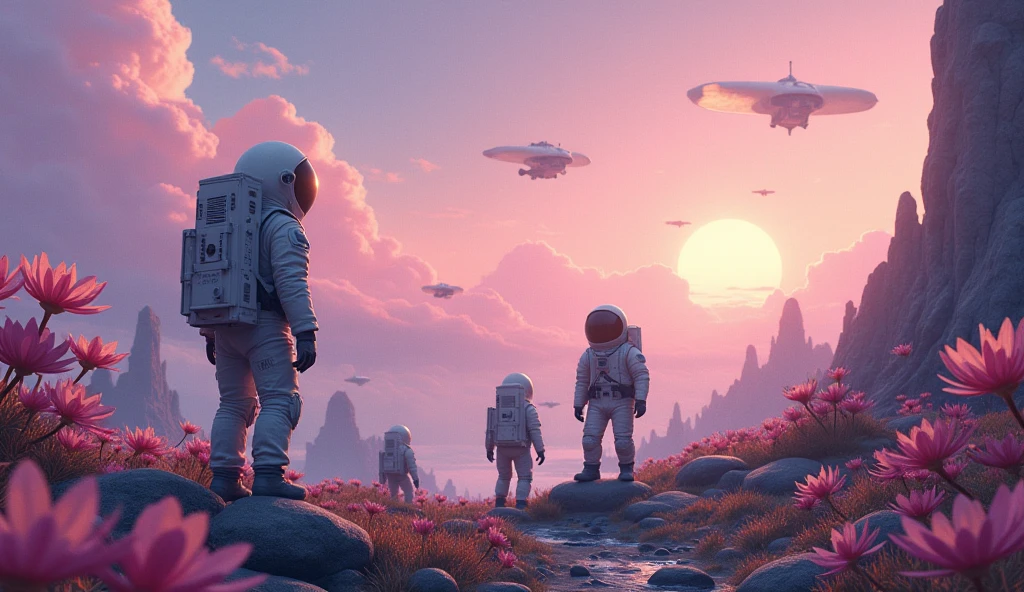 A small group of astronauts, forgotten on a distant, enchanted planet. They explore a surreal landscape filled with glowing plants, floating rocks, and oversized flowers. Their suits are slightly weathered, showing signs of time and solitude. Some are sitting, others standing quietly, looking at the alien horizon. The mood is a mix of wonder and melancholy. The sky is filled with soft pastel tones — purples, oranges, and blues — as strange flying creatures pass by in the distance. Studio Ghibli art style, soft lighting, watercolor-like textures, emotional and whimsical atmosphere.