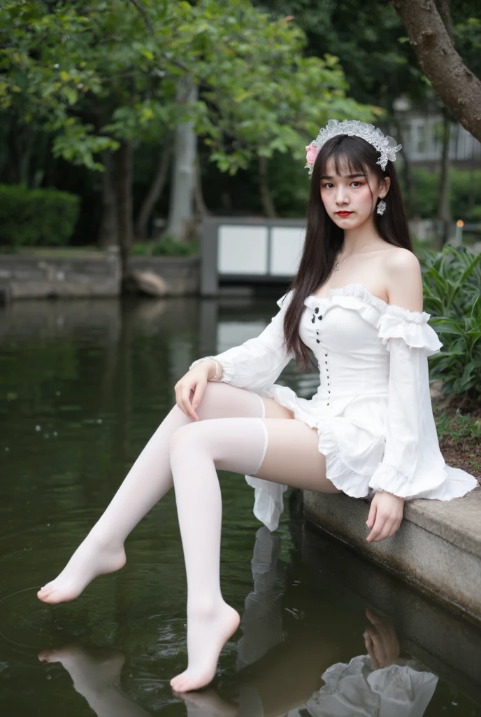 Eight-year-old little ,Cute face,Long hair with a white shawl,Red pupils,cleanness,Crisp white dress,Open navel,Bare shoulders,Naked legs,No shoes on,Perfect calf curve,Cute little feet。raining day,In the park,Step on fallen leaves。