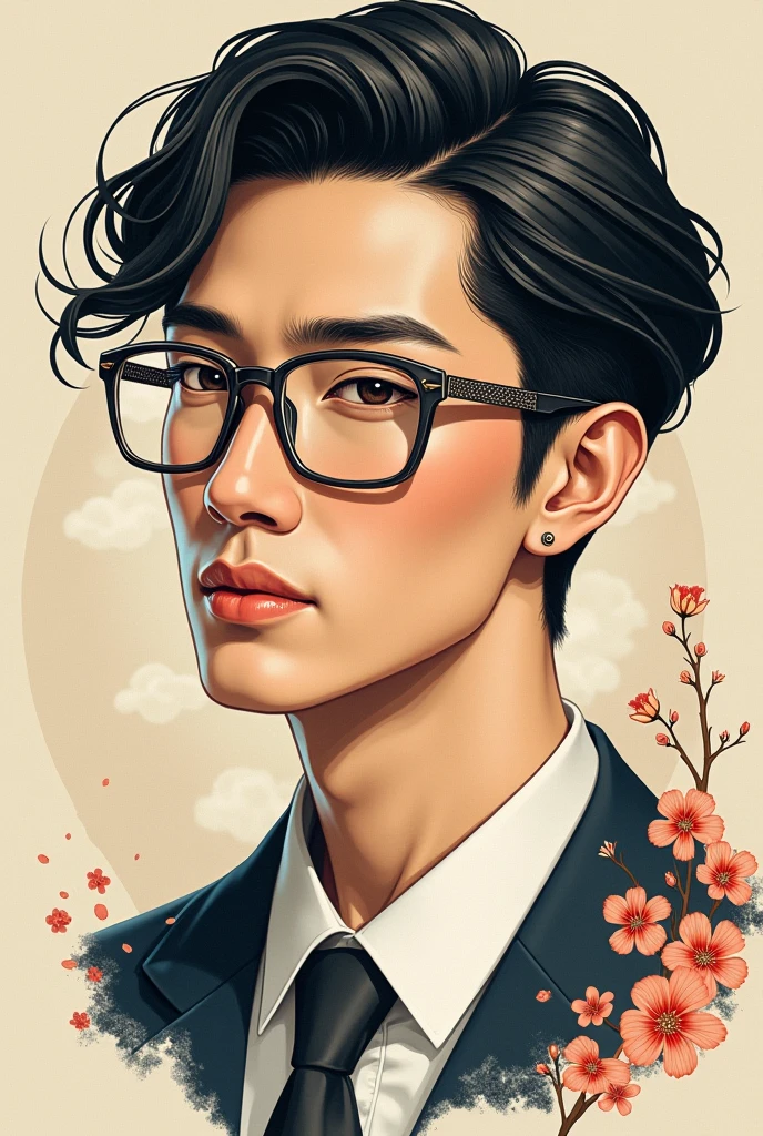 Make the glasses in an exclusive exotic way that is very different from the others but that has a Japanese style make an illustration of those men's glasses