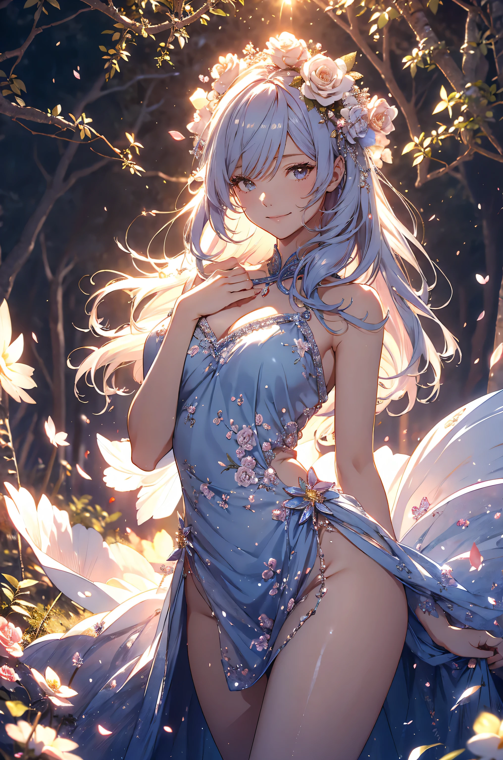 best quality !mystical 、( Bold Composition ) 1girl cute smile!smile! gentle gaze , beautiful 、Beautiful skin with a chest circumference of 130 、sexy、 Beautiful chest skin !BEAUTIFUL THIGS、beautiful legs ‼️ slender model figure、 music Healing simple lawn composition fantasy world、western fantasy style flower、 beautiful 大理石の祠 Green grass Beautiful Rose Hedge flower pot Many kinds of flowers Mr..々flower butterfly々 cherry blossoms、cherry blossoms舞い散る、
Keep it simple beautiful brilliance 、long silver blue hair、The strongest beautiful decorative flower sexy white dress、 calm atmosphere 、昼 petals、 open 、 Beautiful young body 、 big 胸 、beautiful skin, 、beautiful brilliance, high definition depiction , Realistic Fantasy Romanticism ,, ultimate beauty moving!high resolution,