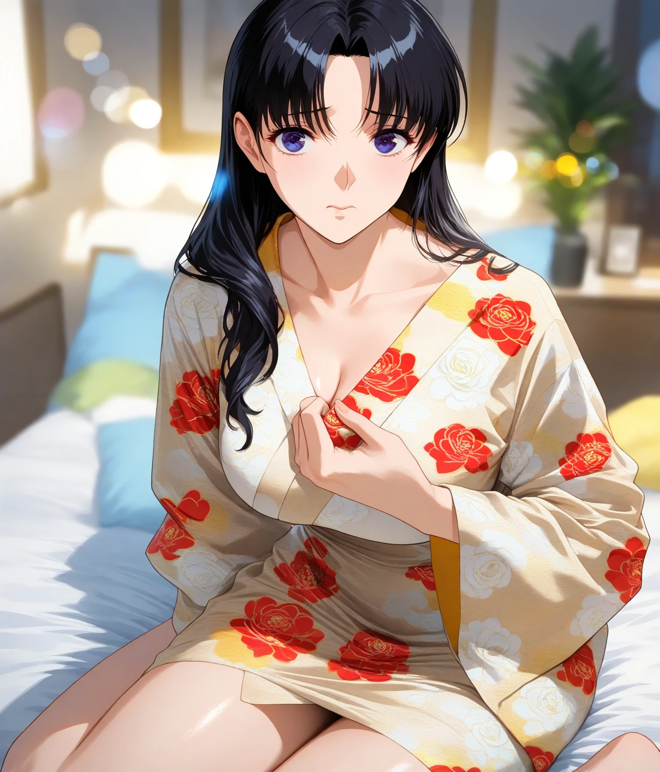 closed eyes: (narrowed eyes:1.3):11、on stomach, lying
, Realistic, real person, (pale skin: 1.2), RAW photo, photorealistic, shiny skin, shiny hair、 (A 25-year-old woman with straight hair and bangs) and (medium hair) and (black hair) and (purple eyes) , (purple) and (yukata),
(embarrassed,blush:1.3),The background is a futon at night