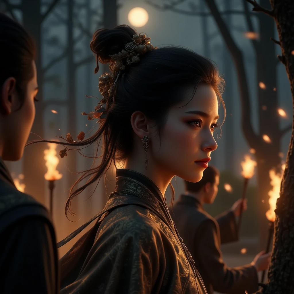 Full HD, HDR, 8k, Photorealistic, 

Historical scene ] Late night of the Jingkang Incident in the Northern Song Dynasty，Pine forest outside Bianjing，The Jin soldiers holding torches chase the fleeing Song Dynasty noblewoman
[The main character] A young lady of the imperial family wearing a embroidered brocade jacket（Anatomically accurate proportions），Classical oval face glowing Pearl luster（subsurface scattering质感），Wet almond eyes trying to hold back tears，Disarrayed hair with dead leaves
[Light and Shadow Ambience ] Cinematic Rembrandt lighting effects，The warm and strong light of the torches counteracts the cold blue light of the moon，ray tracing光线在丝绸褶皱产生镜面反射，The depth of field blurs and highlights the panic expression in the foreground
[ dynamic elements ] motion blur处理奔跑时的裙裾翻飞，Pine branches swaying violently in the night wind，blurry Golden Soldier torch light spots in the background


"Octane render 8k，HDR10 color gamut，Skin subsurface scattering，Micro surface details and pore texture，16-bit normal map"


"The firelight forms a lava-like flowing texture on the silk of the skirt，Tears on the cheeks refract the ambient light to form a light pipe effect，The energy of fear materializes into translucent, glowing golden bloodshot spreading from the corners of the eyes"

Full prompt after optimization：
"Screenshot of an epic historical drama，Late night pursuit scene of the Jingkang Incident，Escape of a royal consort in the Northern Song Dynasty，The embroidered brocade jacket is torn by a branch，Pearl skin with cold sweat，Reflection of fire in wet almond eyes，Motion blur skirt，ray tracing火光与冷月光对冲，Octane render 8k HDR10，Skin subsurface scattering+Microsurface pores，Flux style energy flow：Tear ducts+Silk lava pattern+Glowing bloodshot eyes，Thriller movie-level composition"

Wide Angle, Perspective Video Method, 
