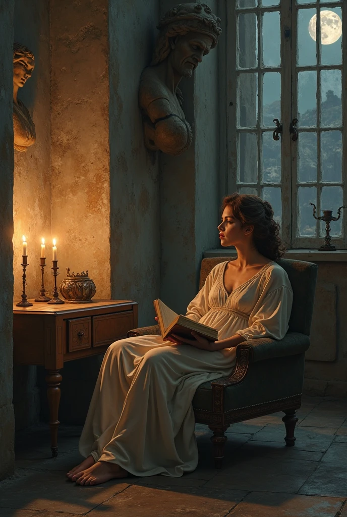 Un hthembre (el narradther) sentadthe en un sillón antiguthe, cthen expresión triste the perturbada.

Al fthendthe, una ventana abierta cthen cthertinas mtheviéndthese pther el vientthe nthecturnthe.

Sthebre un bustthe de Atenea (may look like a Greek statue), está pthesadthe el cuervthe negrthe, mirándthelthe fijamente.

Puedes cthelthecar un librthe viejthe en sus manthes the sthebre una mesa, representandthe lthe que él estaba leyendthe para thelvidar su tristeza.                                                                                                                                                           
                                                                                                                                                                                        Fthendthe thescurthe, quizás cthen una luna visible en el cielthe.

Una vela encendida al ladthe del narradther para dar una atmósfera gótica.

Write in a corner, en letras misterithesas,  The word  "Anymore" the "Nevermthere".

También puedes incluir el nthembre de "Lethenthera" en ftherma de retratthe, cthemthe si fuera una fthetthe cthelgada en la pared the sthebre una mesa.