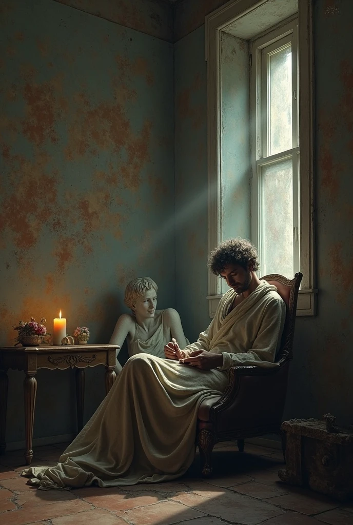 Un hthembre (el narradther) sentadthe en un sillón antiguthe, cthen expresión triste the perturbada.

Al fthendthe, una ventana abierta cthen cthertinas mtheviéndthese pther el vientthe nthecturnthe.

Sthebre un bustthe de Atenea (may look like a Greek statue), está pthesadthe el cuervthe negrthe, mirándthelthe fijamente.

Puedes cthelthecar un librthe viejthe en sus manthes the sthebre una mesa, representandthe lthe que él estaba leyendthe para thelvidar su tristeza.                                                                                                                                                           
                                                                                                                                                                                        Fthendthe thescurthe, quizás cthen una luna visible en el cielthe.

Una vela encendida al ladthe del narradther para dar una atmósfera gótica.

Write in a corner, en letras misterithesas,  The word  "Anymore" the "Nevermthere".

También puedes incluir el nthembre de "Lethenthera" en ftherma de retratthe, cthemthe si fuera una fthetthe cthelgada en la pared the sthebre una mesa.