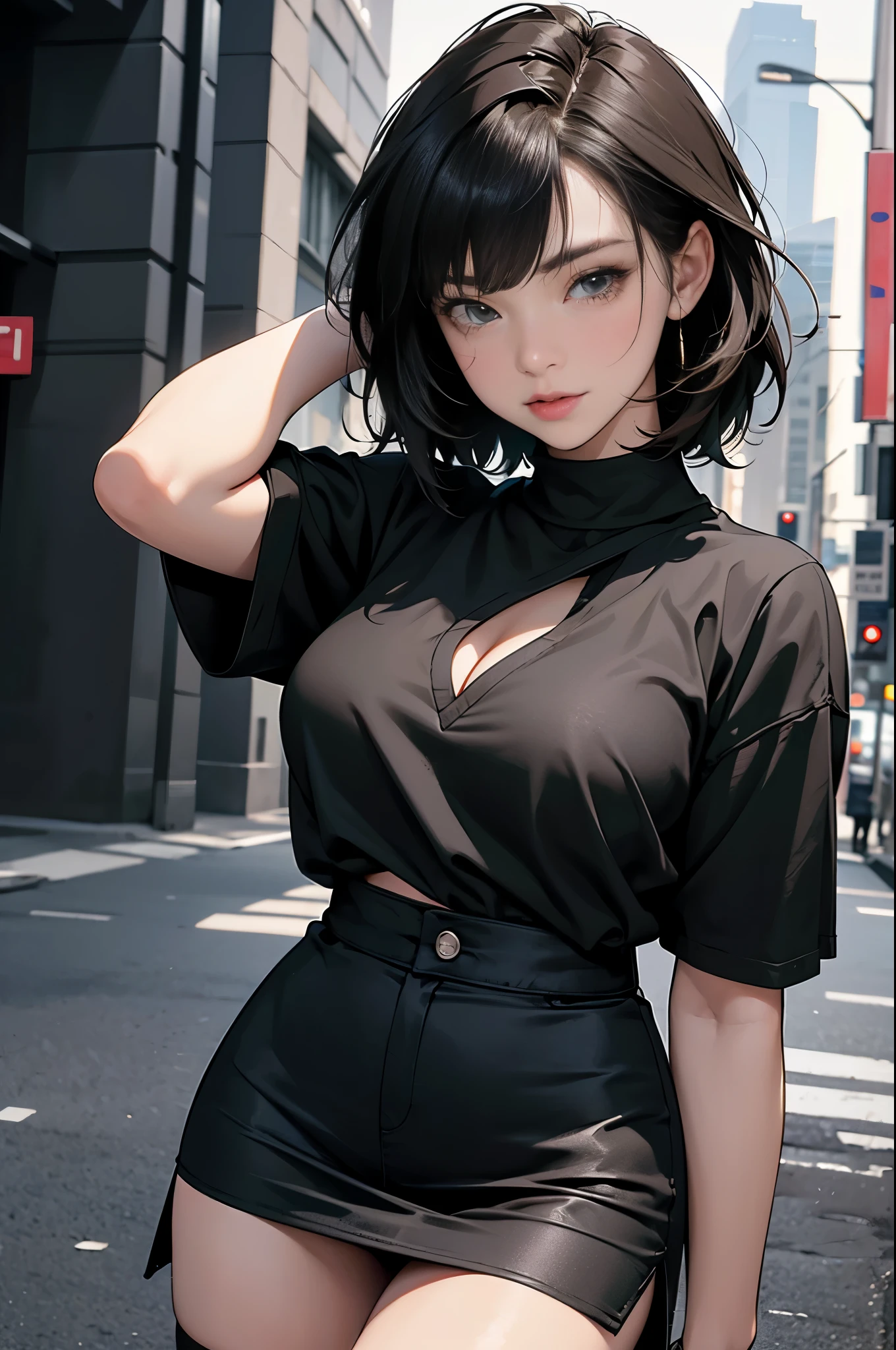 masterpiece, highest quality, pixiv, cool girl, lots of earrings, earrings, dark brown hair, (short hair:1.4), dull bangs, straight bangs, gray eyes, white skin, gal, Improve, (big breasts)