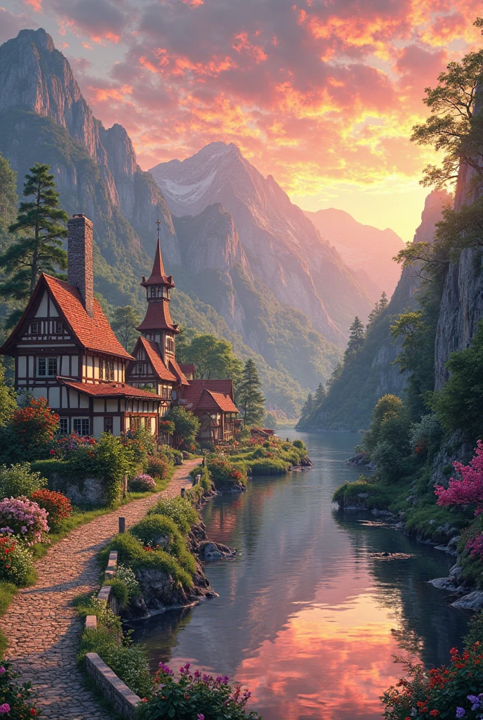 a small village by the river, mountains in the background, floral flowers colorful, detailed landscape, Beautiful natural landscapes, atmospheric lighting, scorching sunset, warm colours, practical, photopractical, Detailed Foliage, complex buildings, cobblestone street, Charming country house, swirly vibrant colors, lush vegetation, Still water reflections, Picturesque, idyllic, work of art, best qualityer, 8k, extremely detaild,anime styling