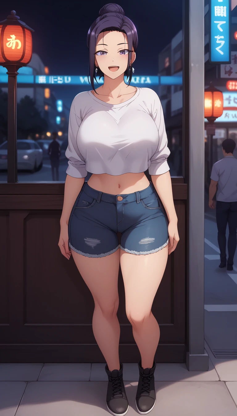 1girl, solo, long hair, breasts, looking at viewer, blush, bangs, shirt, twintails, very long hair, hair ribbon, (yellow eyes:1.3), low twintails, thighhighs, navel, closed mouth, standing, full body, white shirt, short sleeves, thighs, outdoors, shoes, shorts, day, hairclip, midriff, black thighhighs, stomach, arm up, crop top, short shorts, white footwear, denim, sneakers, blue shorts, denim shorts, hand on own head, crop top overhang, cutoffs