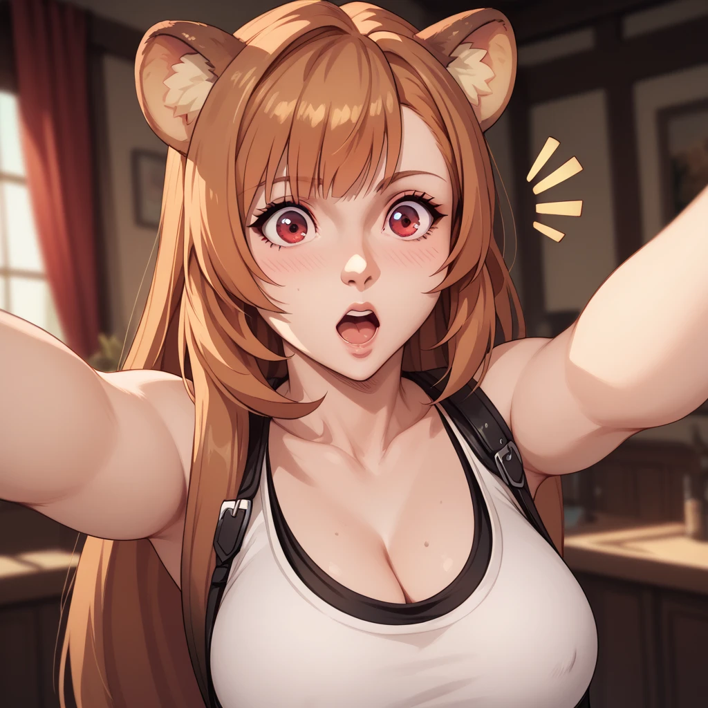 Raphtalia, Attractive woman. bear ears, Shiny Blonde Hair, red eyes like rubies, breasts big, cow costume, selfie of her breasts. close up of breasts