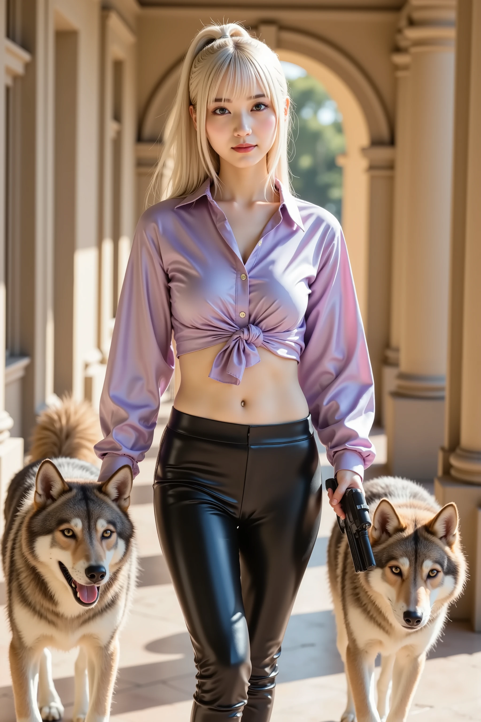 haruka, firm breast, A striking outfit featuring a shiny, lavender satin button-up shirt with long sleeves and a pointed collar, knotted at the midriff to reveal a toned abdomen. The satin reflects light with a soft shimmer, emphasizing its smooth texture and adding elegance. The sleeves are fitted and slightly wrinkled near the elbows to show motion. Paired with high-waisted black latex pants that hug the legs and reflect light with a glossy sheen, the look is bold and sculpted. The pants contour the figure and contrast the soft satin shirt. In her right hand, she holds a compact black firearm with a sleek design, its matte finish adding tension. Her platinum blonde hair is tied in a high ponytail flowing down her back, catching warm sunlight. Her expression is focused and intense, with sharp cheekbones, arched brows, and nude lipstick. Flanking her are two wolves, one on each side, walking in sync. Their fur blends grey, black, and cream, and their amber eyes reflect her gaze. The setting is a grand corridor with tall stone columns and an arched ceiling, resembling classical palace architecture. The walls are warm beige sandstone with classical carvings on the arches, and decorative moldings along the upper edges. Golden sunlight streams from an open archway behind, casting dramatic shadows across the tiled floor and accentuating every curve and detail. The floor is paved with large tiles, worn yet clean, faintly reflecting the light. Carved patterns near the base of the columns add richness and texture. The soft wind rustles the hem of her shirt and the wolves’ fur slightly, adding life to the stillness. The scene blends classical elegance with primal power, where fierce fashion, regal wolves, and ancient architecture form a vivid cinematic image.