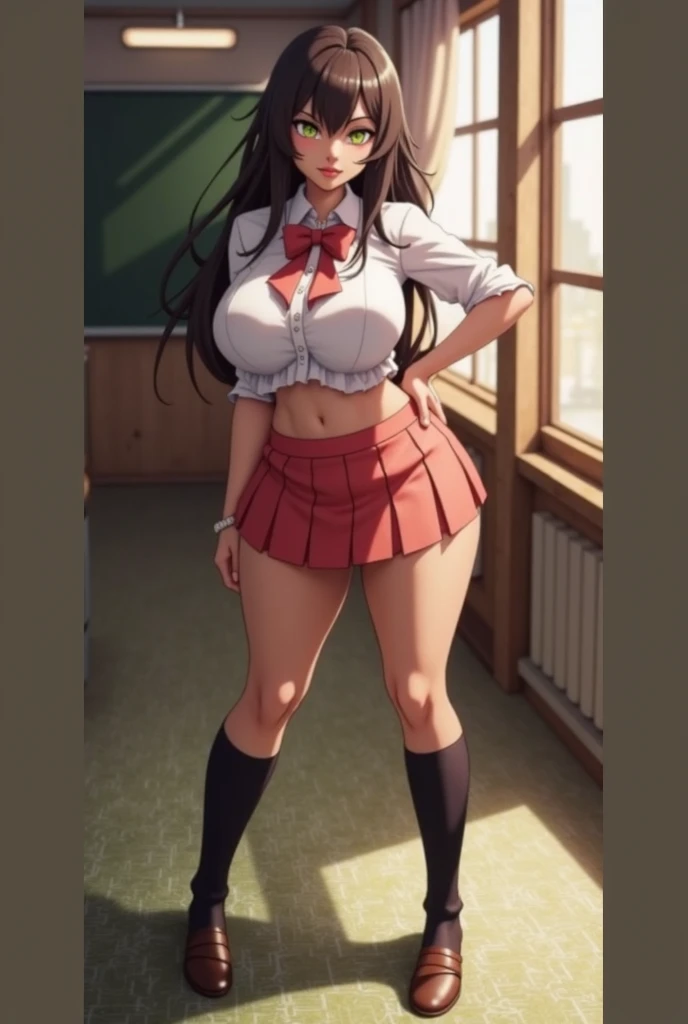 masterpiece, best quality, best lighting, shadows, perfect anatomy, 1 girl, adult anime girl, 21 years old, mature features, showing tits, bitchy face, pretty lips, pretty eyes, black wavy hair, black eyes, seductive eyes, blushing, flirty, pretty smile, tiny red skirt, white tight shirt, classroom background, ass, breast, thighs, seductive, spicy, hot, flirty, nsfw,