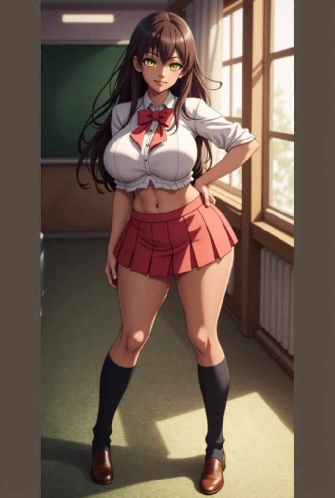 Masterpiece, best quality, small 1girl, dark red hair, wide hips, ((very huge breasts)), no pants, sailor top, backpack, (standing), from afront, bratty, ((detailed pussy)), inside train, bratty girl, o-mouth, underboob, (sloppily dressed), sweat, ((crowded train)), ((multiple people)), ((multiple men)), surrounded by people, blush, detailed open mouth, (panting), gasping, upskirt, ((by shindol)), (tsf monogatari),