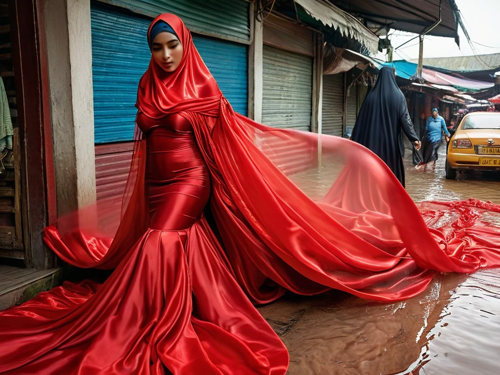 A woman shrouded in a 9-meter-long, plush red satin cloth, tightly bound and grandly draping along the form of her body, flowing off into a pooled floor-length train, styled in a mermaid-inspired outfit, her head modestly veiled in a satin hijab, 175 height woman, walk in wet traditional market, a full-body pose conveying a sense of elegance, captured in a 4k resolution, ultra-realistic