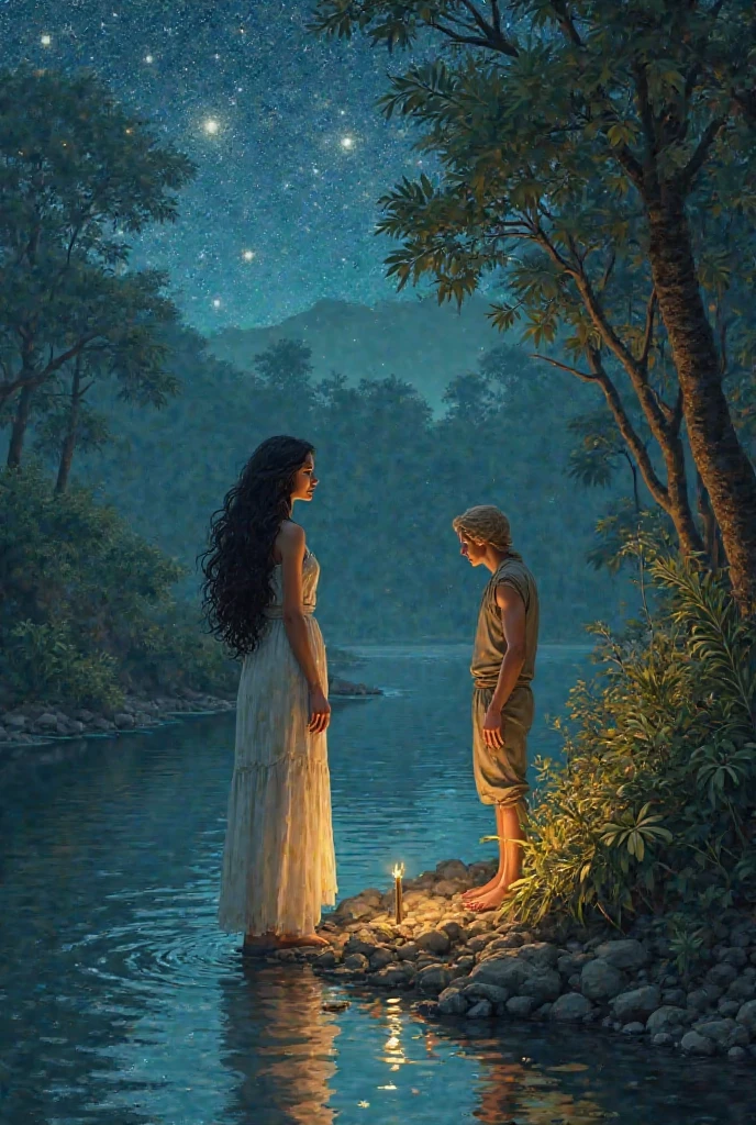 Young Egyptian woman ,  linda, long wavy hair, touching the water of a river reflecting the stars at night, And a blond man with golden eyes, In love with her