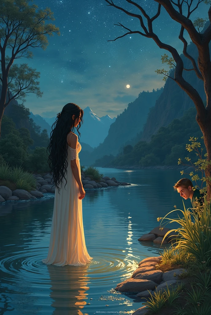 Young Egyptian woman ,  linda, long wavy hair, touching the water of a river reflecting the stars at night, And a blond man with golden eyes, In love with her