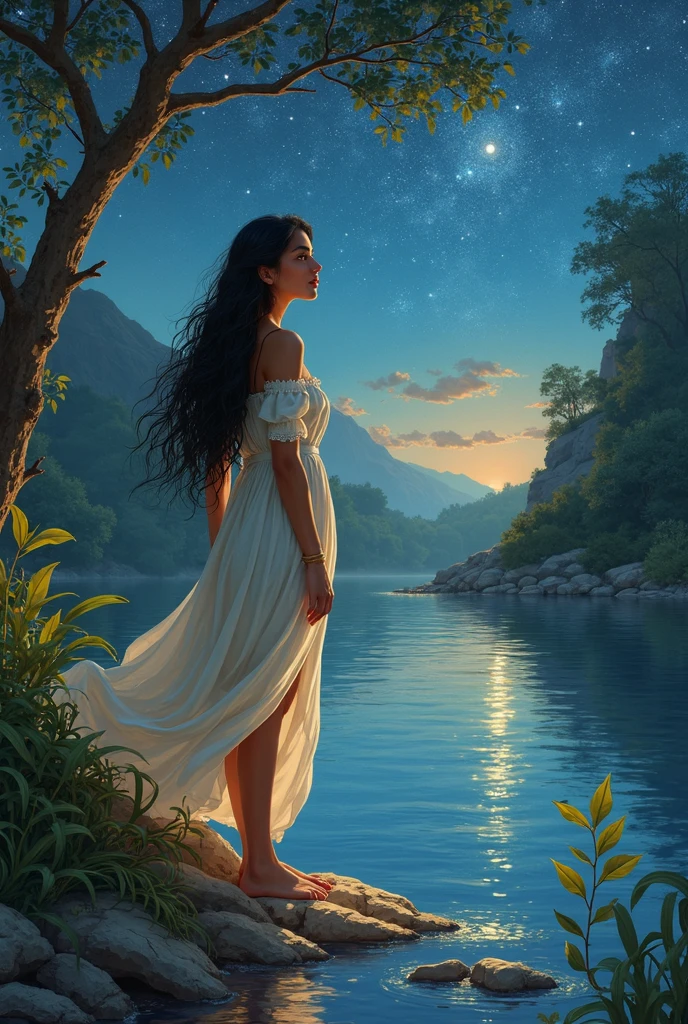 Young Egyptian woman , linda, long wavy hair, touching the water of a river reflecting the stars at night, And a blond man with golden eyes, In love with her