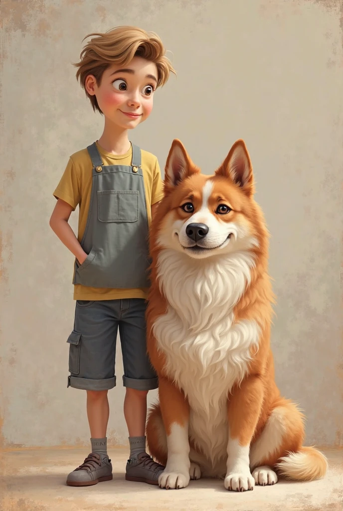 A 3-year-old boy in blue overalls is holding a corgi dog. The image is very warm and healing, bonito, com detalhes realistas, fundo Aventura de Yan e Liz limpo e brilhante, 3D rendering, super detalhes, estilo Disney