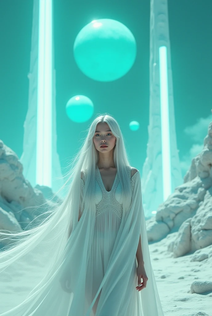 Create a very futuristic scene, hyperrealistic, photo realistic, the main character is a beautiful woman, beautiful face, natural beauty, (close up), looking at the camera, white long spectacular hair moving by the wind, long hair, she wears a white bright translucent long veil with luminescence that moves with the wind, futuristic style, Casual and natural pose, floor bright white rocks, several giant futuristic vertical structures with blue lights, great detail. Cold environment, the sky has a green. In the sky far in the horizon there are three blue bright giant planets, detailed textures, futuristic scene, The light is cold and bluish, great lighting, perfect lighting, high resolution, maximum detail, sharp everything.
