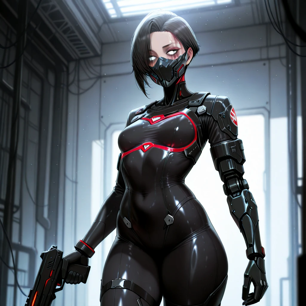 (masterpiece, best quality, high resolution, ((huge breasts)) 1 beautiful woman, cyberpunk style very short black hair, blue eyes, red lips, cyberpunk style black business woman suit, black pantyhose earrings, black heels, choker, sensual posture.(, white background, stickers. Redmond), ((full body standing)),
