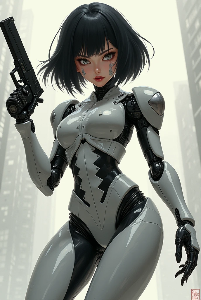 (masterpiece, best quality)), ((((perfect anatomy)))), Caucasian android woman with short silver hair, ((elaborate black dress)) (((white high cut leotard))), big butt, black eye-band, white and black gloves, digital black pattern background, ((pixel art, pixel))