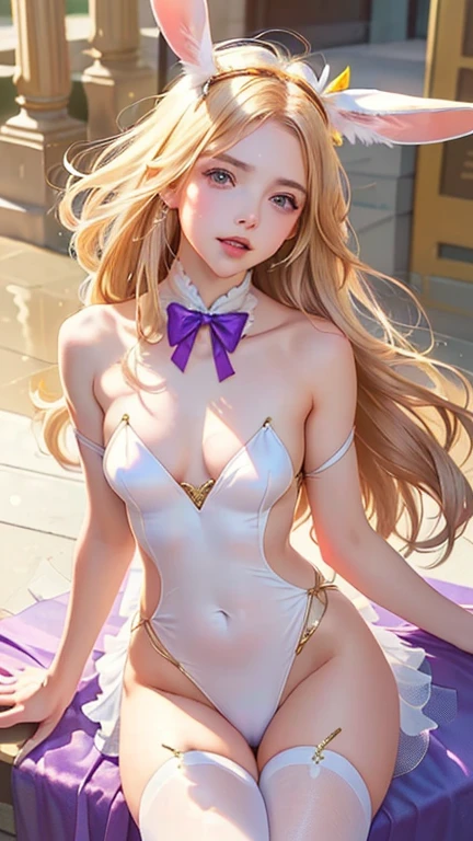 masterpiece, best quality, extremely detailed CG unity 8k wallpaper,((Upper Body)) ,((Upper Body head close-up shot of a beautiful )), , Elegant Long straight blonde hair, (Mckenna Grace), ((flat chest,thighs,Self-luminous skin)), (purple-green) golden (Glittering tutu,long Bunny Ear Headgear, , Bow-tie, No panties, genitals visible), ((spread legs)),(), (Blush), , (seductive smile), (outdoors), pretty face, key art, award winning, intricate detail realism hdr, by (ruan jia and artgerm and range murata), Photorealism, Hyperrealism, ultra realistic, dramatic light, intense shadows, gorgeous view, depth of field