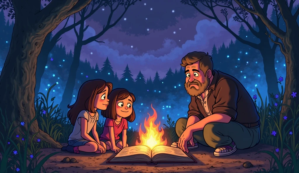 "Gravity Falls forest campfire, Dipper and Mabel sitting with Grunkle Stan, Journal 3 open beside them, bioluminescent trees, *Gravity Falls* art style, mysterious twilight vibes, 8k --ar 21:9"  