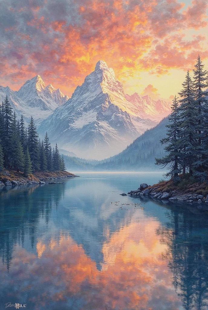 “Snowy mountains reflected in a crystal clear lake, clear sky with orange tones of dawn, realistic painting style with decorative letters "WL”