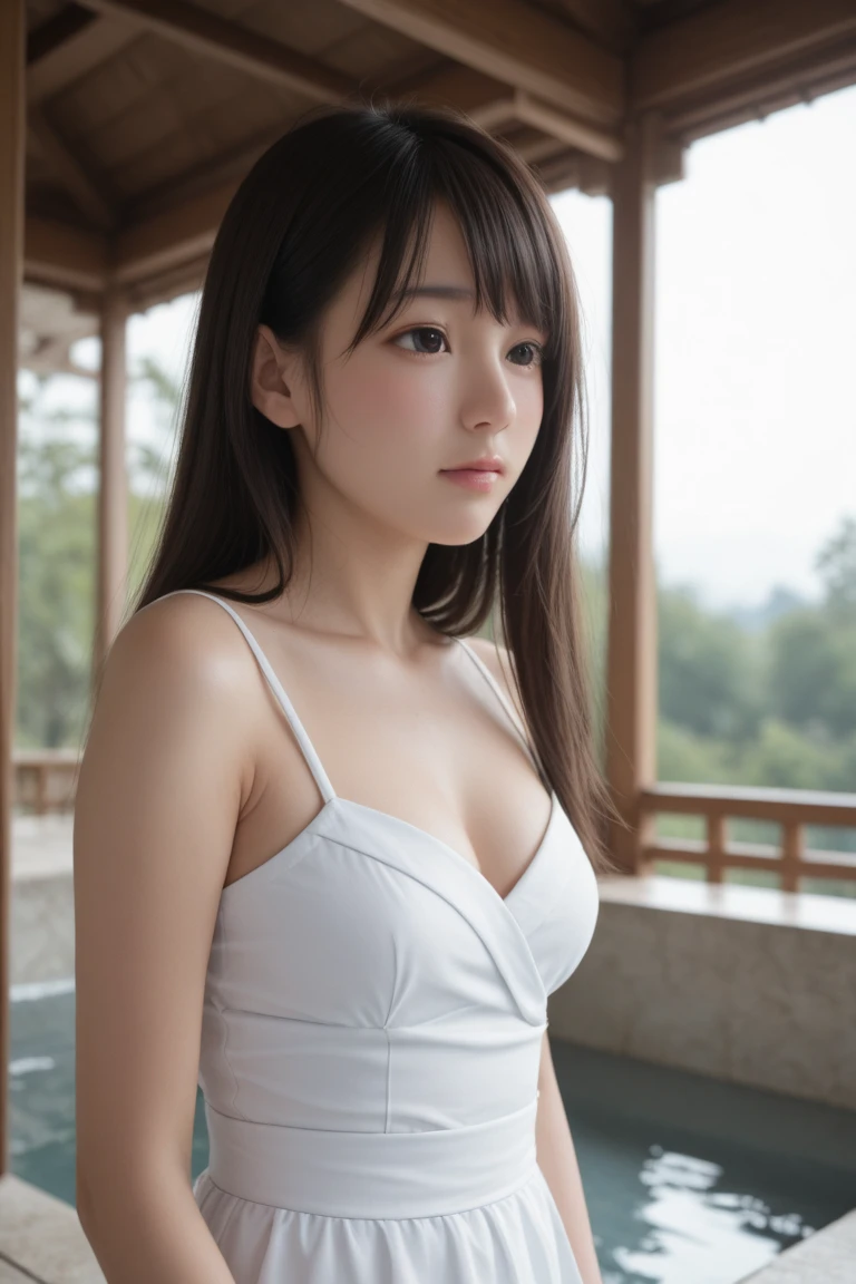 A beautiful Japanese girl character stands by the window、A scene where the character is gazing into the distance with a sad expression。The background is a pale blue light shining through the blinds.、Droplets of water sparkle around the character.。The thin white dress slid off her shoulders.、Shoulders and chest are exposed。The pose gives an introverted and fragile impression.、It expresses her delicate emotions.。The technique of illustration、The contrast of light and shadow is beautifully depicted.、Water droplets and skin texture are realistically reproduced.。The composition is neat and vertical.、The overall result is a super-realistic, live-action-like finish.