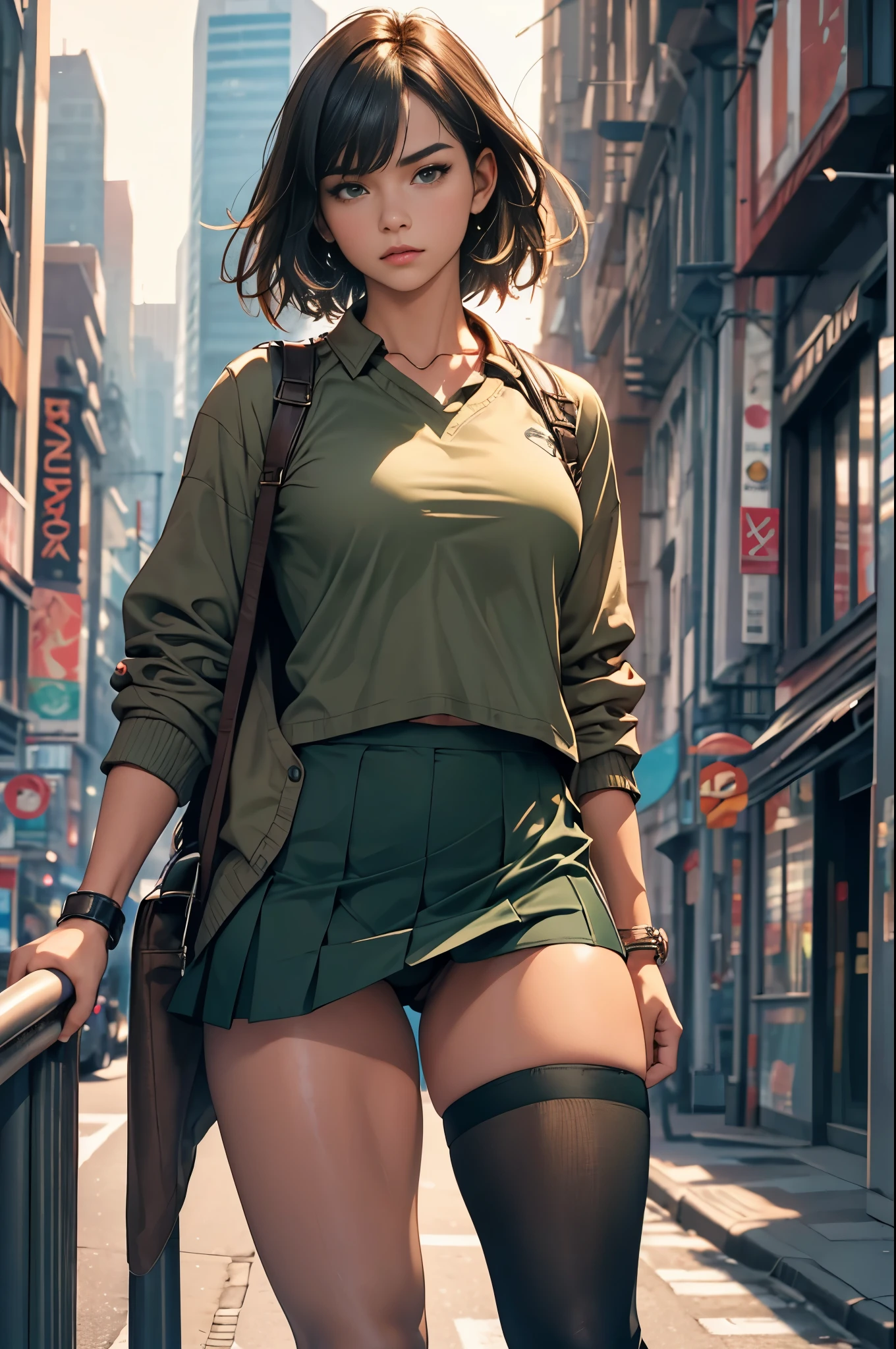 1 female. (best quality,ultra-detailed),female,adventurous,dangerous,young woman,strong,brave,athletic,fighter,fearless,short brown hair with bangs,wearing black tight shirt, wearing black thigh socks, wearing green short skirt,lifting skirt to show panties, gritty and realistic,high-contrast lighting,streets background,busy city,vivid colors, cleavage, large , solo, 1girl,