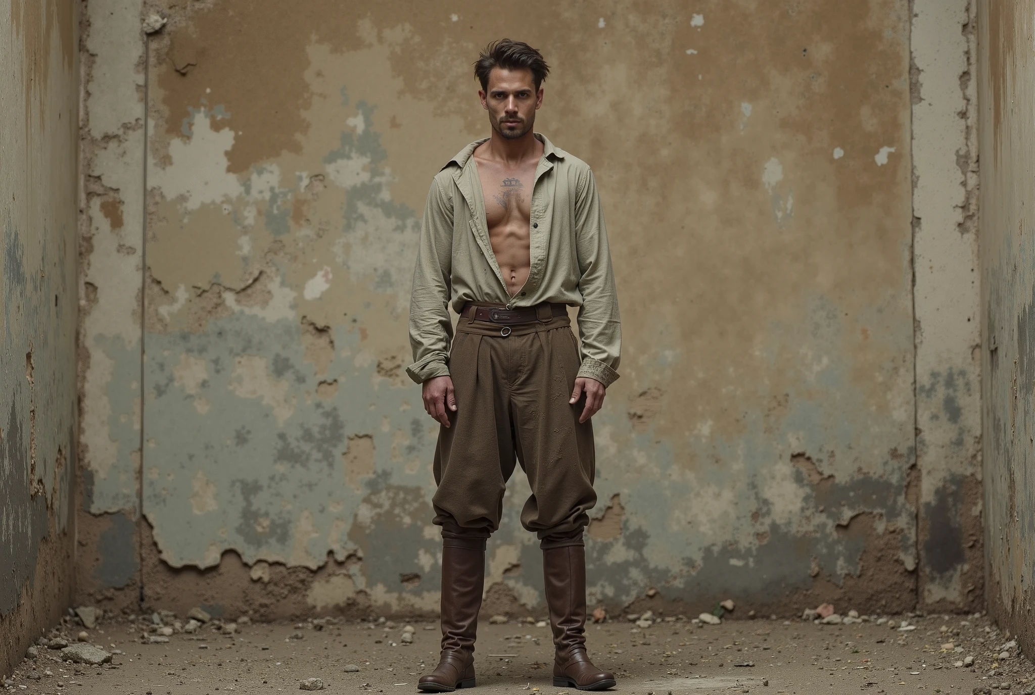fullbady, bard, masterpiece, shadows, expert, insanely detailed, 4k resolution, caravaggio, john william waterhouse, By Caravaggio colours, chiaroscuro, mtg, dnd, fantasy, Mysterious front view a naked young standing, with a determined and confident look perfect anatomy, realisitic skinny detailed muscles, muscled legs, handsome, you can see slightly a part of his penis, gorgeous, manadventurer, redhead, rose, smirk, short bob haircut, ruffles, shirtless, pantless, barefoot, , realism fullbody portrait, oil painting, he ie standing on wood pedestal, modeling arms up Caravaggio is making a portrait of the young man on a canvas