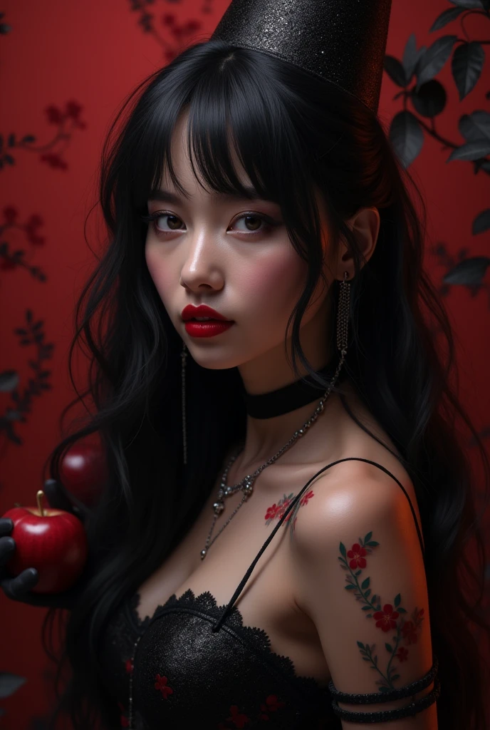 ((Foto RAW), absurdo, (absurd resolution)), obra-prima, Best Quality, (Extremely detailed 8k unit CG wallpaper), (best illustration), (best shade), realistic lighting, detailed and beautiful glitter, ((21 anos)), garota, long black hair, Queen Black, accessories, Apple in hand, poisoned apples,  witch queen, red lipstick background, (((Her photographic perspective)))
