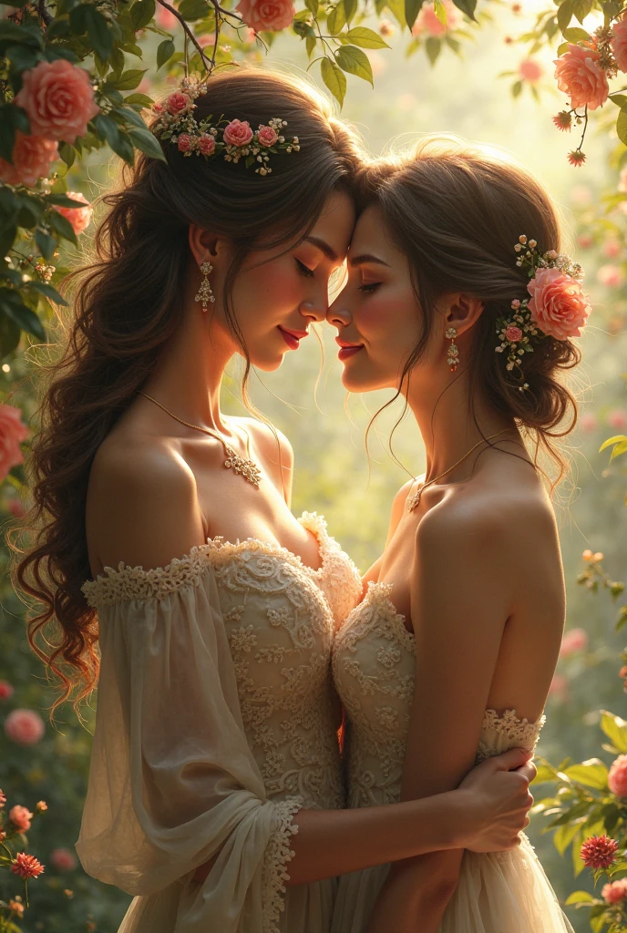 (masterpiece, best quality:1.5), highest quality, High resolution, super detailed, Realists, Upper body photo of red-haired woman, detailed and beautiful eyes, beautiful detailed lips, very detailed eyes and face, longeyelashes, Woman in evening dress made of shiny satin fabric, Beautiful and colorful makeup, elegant and noble々Pose,shiny satin headband, Grind, holding flowers, Gardens as background, soft daylight, bright colors, fine brushstrokes, Portrait style, Noble details in the dress fabric, beautiful color palette, glowing skin, First-class rendering, that captures every detail, enchanting atmosphere, subtle shadows and lights, (perfect anatomy:1.2), (The two stunning women are deeply in love, touch each other on the chest:1.4), (kiss:1.2), (magnificent panorama view:1.2)