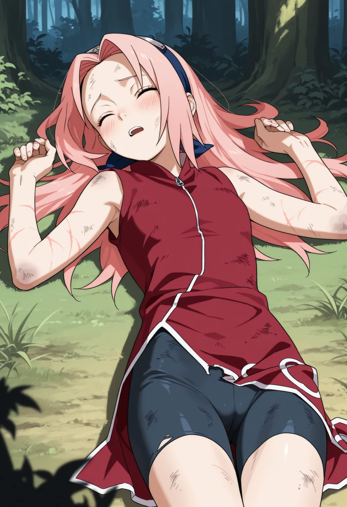 nsfw,score_9, score_8_up, score_7_up, best quality,1girl,((haruno sakura)),pink hair,long hair,closed eyes,forehead protector,red cloths,dark blue bike shorts,blush,open mouth,lying,on back,forest,open mouth,body covered in scars,dirty clothes,damaged clothes,cowboy shot,pov