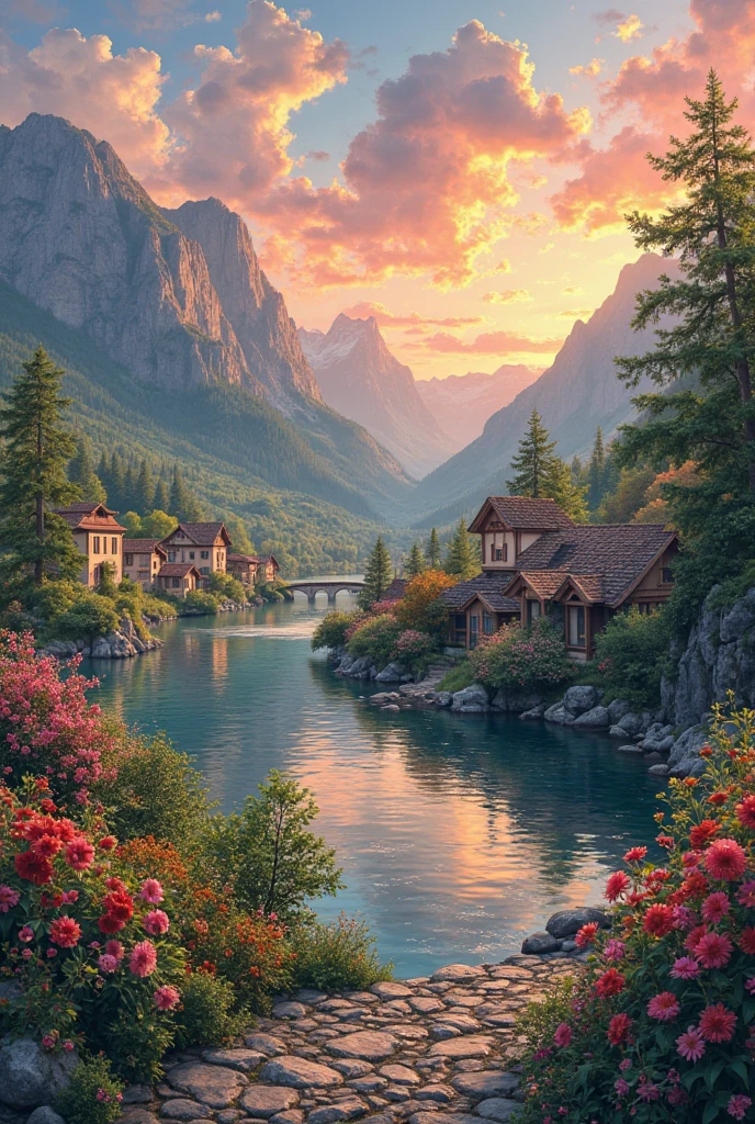 a small village by the river, mountains in the background, floral flowers colorful, detailed landscape, Beautiful natural landscapes, atmospheric lighting, scorching sunset, warm colours, practical, photopractical, Detailed Foliage, complex buildings, cobblestone street, Charming country house, swirly vibrant colors, lush vegetation, Still water reflections, Picturesque, idyllic, work of art, best qualityer, 8k, extremely detaild,anime styling