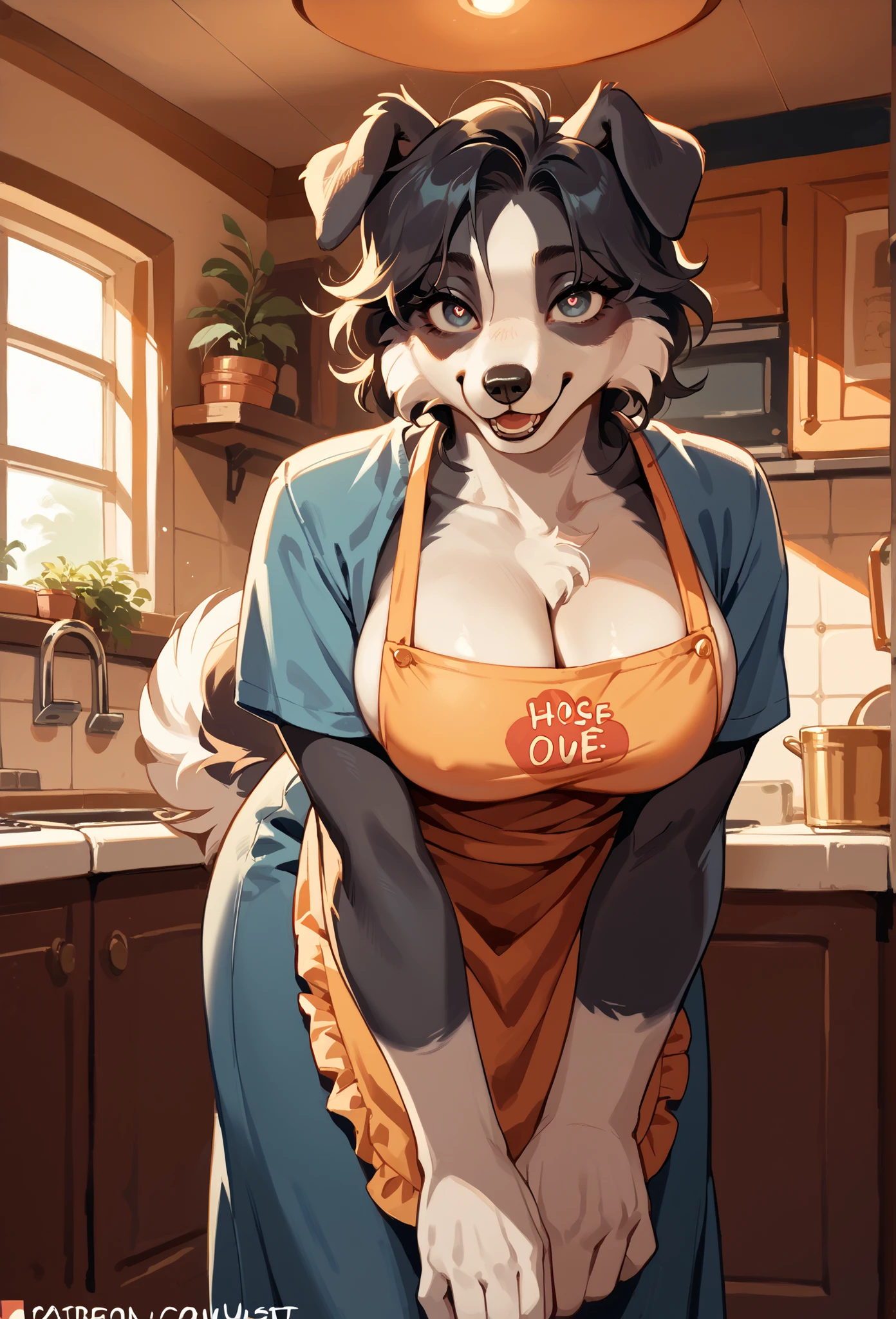 border collie, Alone, feminine, thin body pupils, source: anime, photos, seductive expression, inside a vintage house, vintage wife long dress:1.2, apron:1, housewife, anthropomorphic, big breasts:1, Leaning forward.