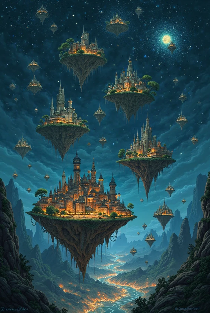 A lot of different floating islands in the sky. with a city in it. Night setting