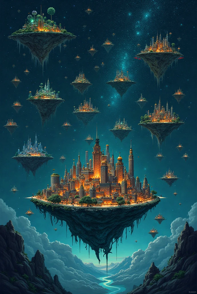 A lot of different floating islands in the sky. with a city in it. Night setting