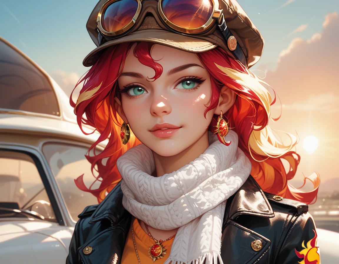 Solo, Sunset shimmer wearing an aviator cap and goggles and a white scarf, old style pilot, leaning against a red doghouse, grinning, wearing sunglasses