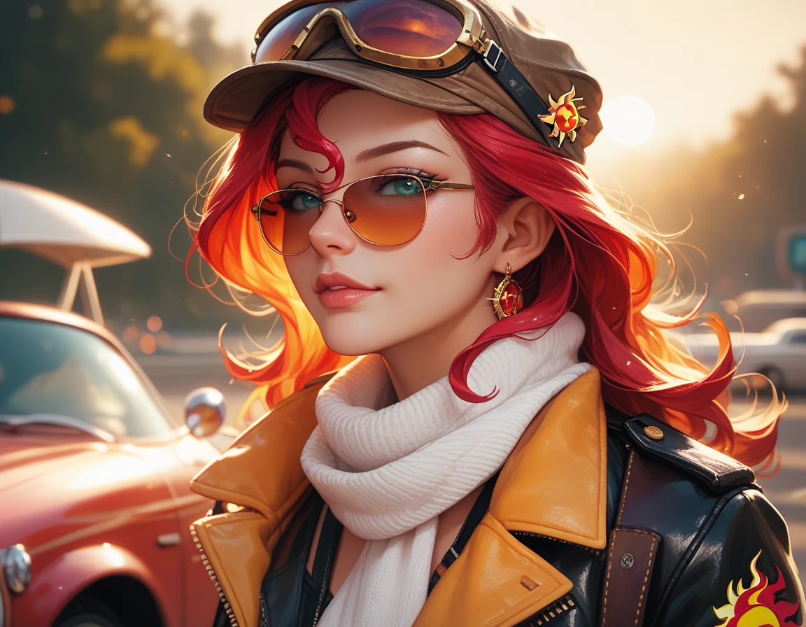 Solo, Sunset shimmer wearing an aviator cap and goggles and a white scarf, old style pilot, leaning against a red doghouse, grinning, wearing sunglasses