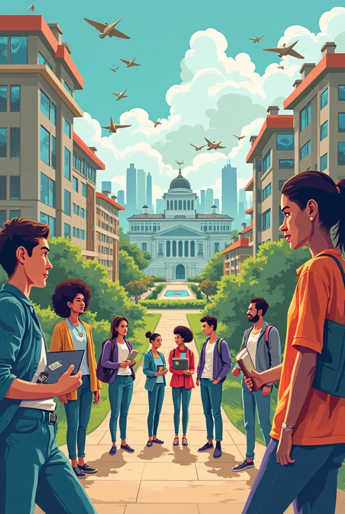 I need to create an illustration of students of the school and their training process and success in different careers after finishing their studies 