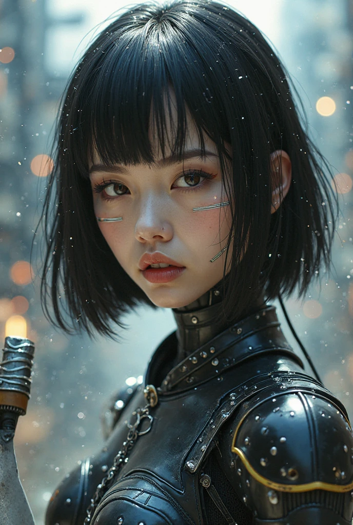 Cyberpunk、Japanese woman、black bob cut、round face、big eyes、Plump lips、black robot body、Metallic silver line paint on the cheeks、I'm holding a blade、is flying、full body、masterpiece、top quality