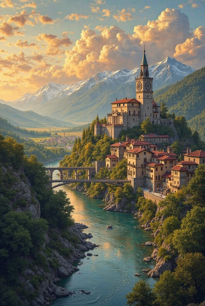 Draw an Italian style village with a river in the middle of that village show it from high bird’s eye view and a big castle on the side of the village make some hills and snowy mountains in the back ground make it in sunset golden hour lights make the sky full of clouds 