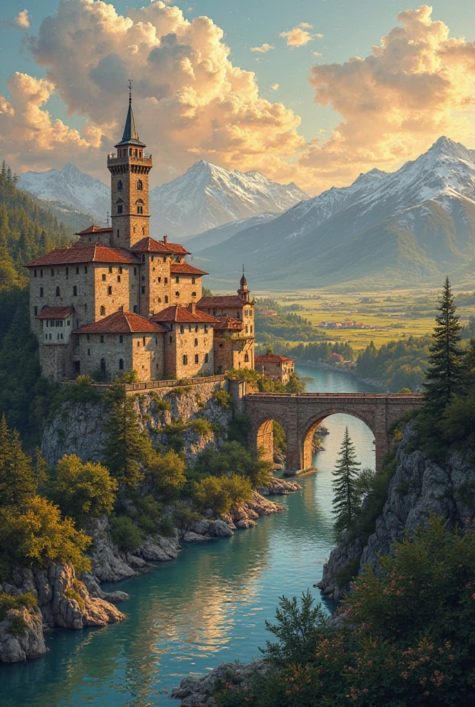 Draw an Italian style village with a river in the middle of that village show it from high bird’s eye view and a big castle on the side of the village make some hills and snowy mountains in the back ground make it in sunset golden hour lights make the sky full of clouds 