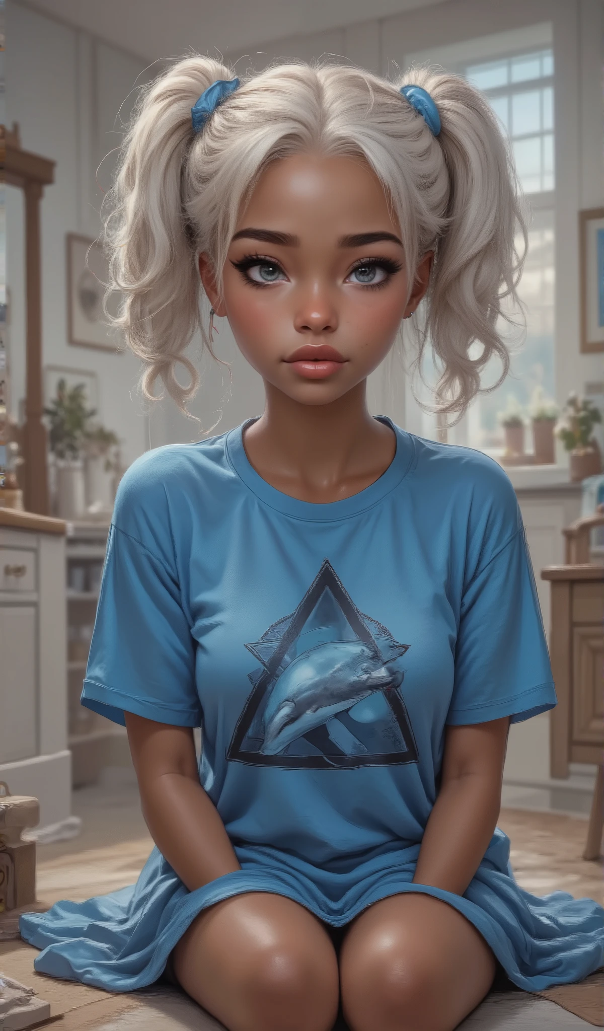 Pretty tanned brown skinned upstairs on the floor on her knees, looking between the balcony, banister, stairway, sad she has two white silver pigtails she have small, plump lips, small button nose, cute slanted, eyes with long lashes eye color is silver gray, she have on the sleeping long T-shirt blue with the black two triangles with a big Black outline, drawing of a dolphin between The triangle.