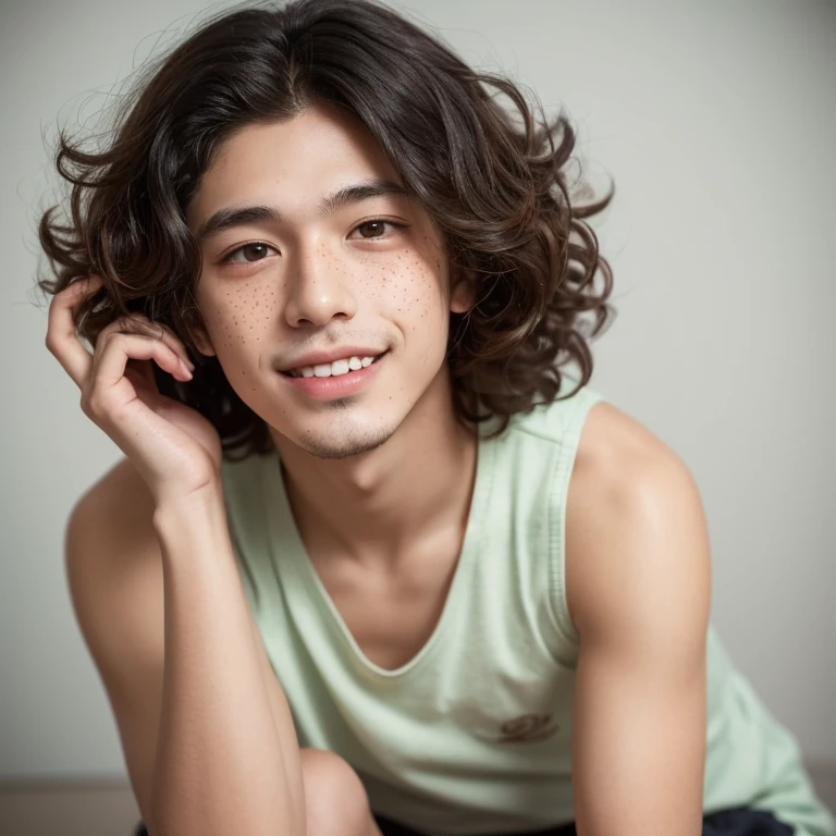 A skinny brown boy with curly black hair and black eyes