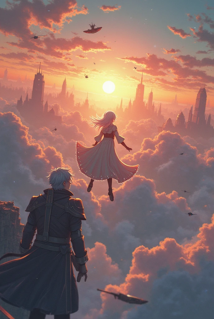 Scene 1: Introduction (0:00–5:00)
Prompt:

Show a vast sky filled with floating cities and battleships hovering above the clouds. The sky glows orange during sunset. Introduce Kael, a rebellious sky pilot with silver-blue hair, a dark cyberpunk jacket, and a wing-shaped blade on his back. He flies his personal fighter airship through a war-torn sky. Show him escaping a battle.

Scene 2: Discovery of Aeris (5:00–10:00)
Prompt:

In a calm area of floating ruins, Kael finds Aeris — a mysterious girl falling from the higher skies. She has glowing angelic wings and long white-pink hair, wearing a magical robe with floating symbols. He catches her in mid-air and brings her to his hideout, a hidden sky dock.

Scene 3: Bonding (10:00–15:00)
Prompt:

Kael and Aeris talk by a floating balcony under the moonlight. Aeris has amnesia. Kael is curious but gentle. They laugh as she accidentally floats in the air. A warm scene of connection. Aeris kisses Kael’s cheek shyly.

Scene 4: Attack and Escape (15:00–20:00)
Prompt:

Suddenly, they are attacked by a dark airship led by the Sky Warlord. Explosions, aerial dogfights, and chaos. Kael fights while Aeris protects him with magic wings. They escape narrowly through a stormy cloud canyon.

Scene 5: Aeris’ Memory (20:00–25:00)
Prompt:

In an abandoned sky temple, Aeris touches an ancient relic and regains memories: she’s from the forbidden realm of the Upper Sky. Her mission is to protect the “Feather of Fate.” She cries as Kael comforts her. Emotional piano music.

Scene 6: Romantic Flight (25:00–30:00)
Prompt:

A peaceful, romantic scene. Kael builds her wing frame. She floats beside him in the air. They soar through floating waterfalls and glowing clouds. They laugh and hold hands in flight. At the end, they kiss for the first time in mid-air.

Scene 7: Final Battle Begins (30:00–40:00)
Prompt:

The Sky Warlord finds them again. Massive battle with mecha birds, laser airships, and a storm of lightning clouds. Kael and Aeris fight 
