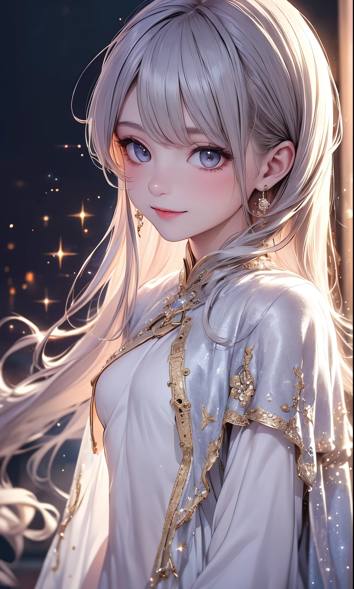 (masterpiece),(4K),High Quality,(small breasts),1 girl, Long Silver Hair ,pale skin,smile, beautifully detailed grey eyes, ( high-definition and elegant ),( white cape let fashion), magical colors and vibes, detailed skin from sleeve to chest,(Cute sparkle), light particles, The background is softly blurry ,add a dramatic and iconic element to your scene, description boundary ahead of the large end, Bokeh, Silky to the touch , see-through soft costume、beautiful and neat face、 hyper details,creates a dreamy and elegant atmosphere