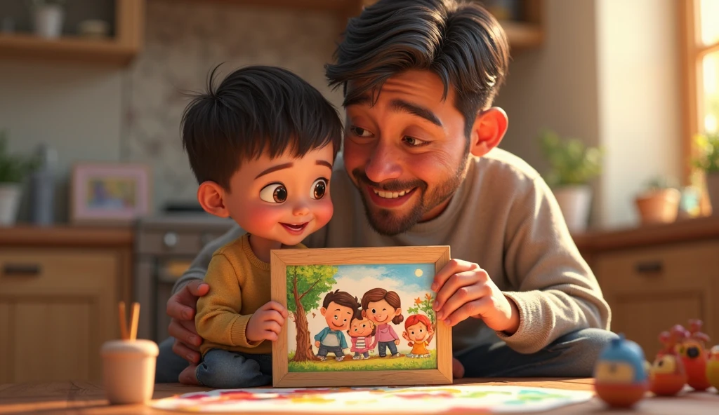 Generate an image of a father and son. The father is 33 years old, has medium-brown skin, a beard, and glasses. The son is 20 years old, white, with short black hair, a light goatee, and a light mustache. The son looks scared and is sitting on the father's lap in front of a foosball table.
