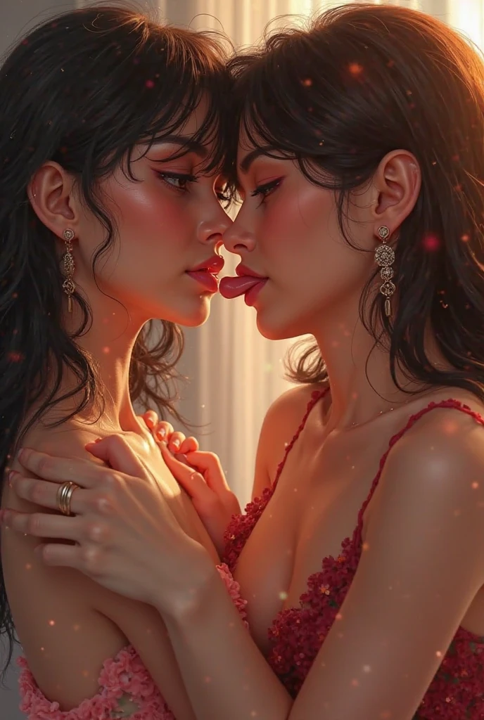 (Romantic and passionate kiss scenes in movies),(best quality, ish, Best lighting and shadows),(close-up, extreme close-up),(1 girl and 1 girl),(long hair:1.2+suit),(red lipstick:1.4+black hair), romantic music, background of the sea