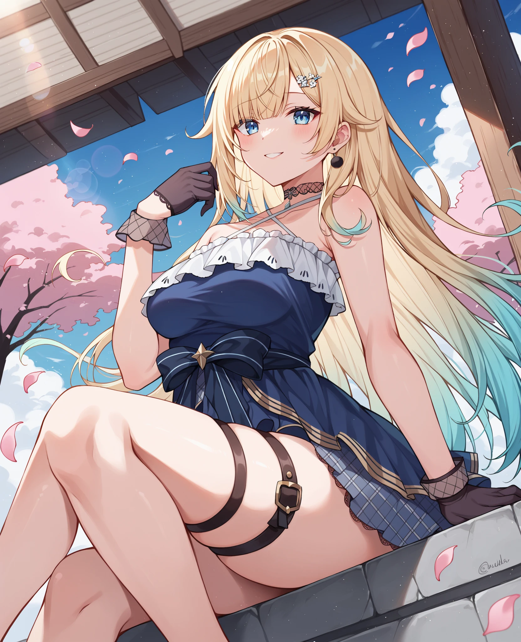 ((Highest quality、High resolution))、1 Girl、Perfect body、Beautiful and bountiful breasts、tits、Ass、Pussy、long blond、bangs、Blue and white、Embellished blue sexy dress、skirt、(((ass pov、Show lace panties)))、Outdoor Scenery、((Embarrassed、Love juice))